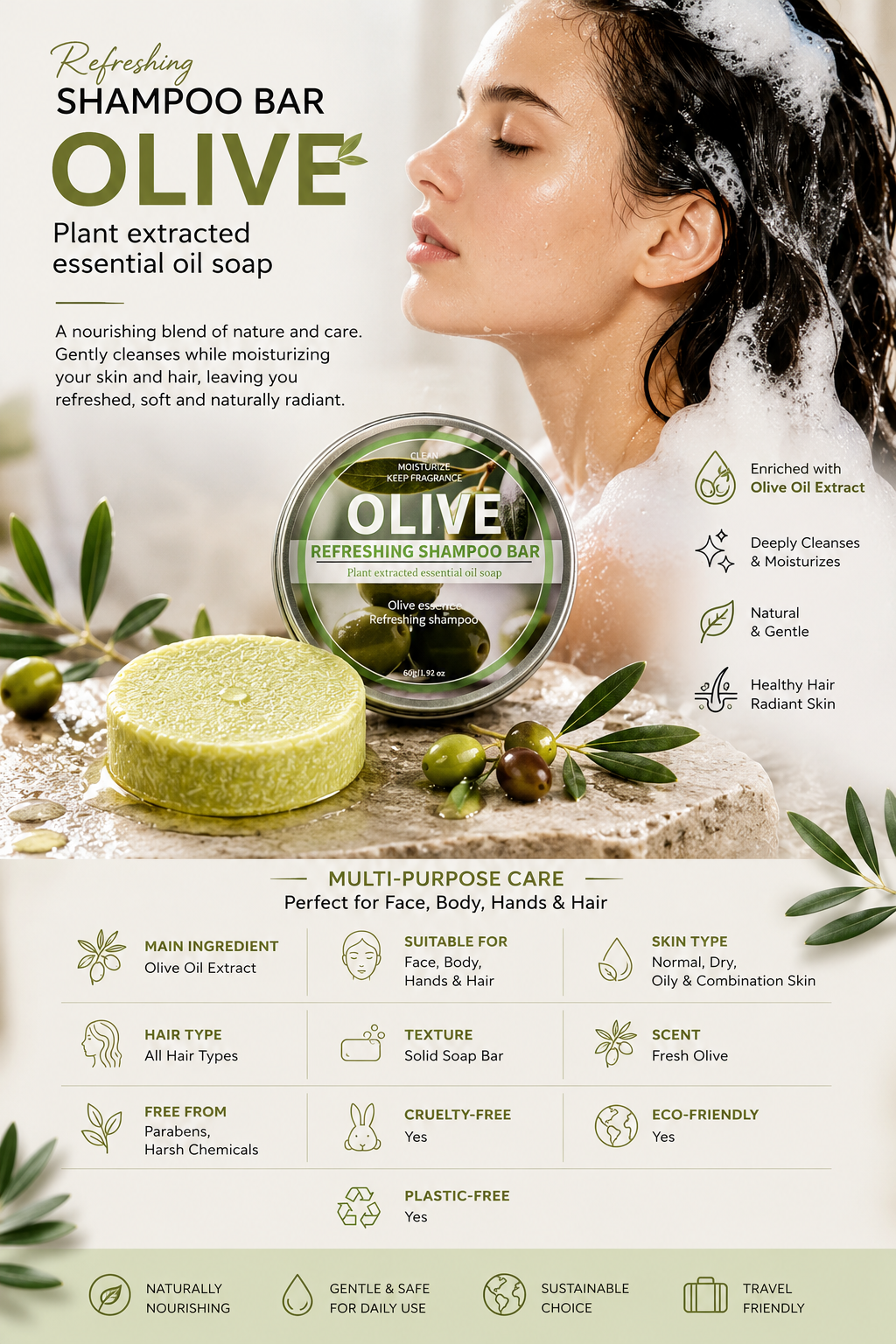 Natural Olive Soap Bar for Face, Body, Hands & Hair